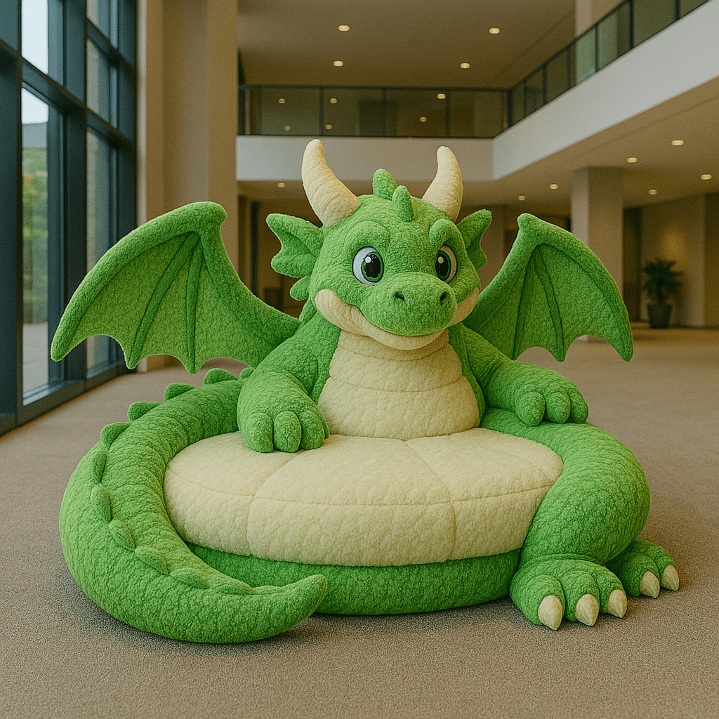 A cuddly green dragon-shaped bean bag chair with soft wings and a smiling face in a modern interior.
