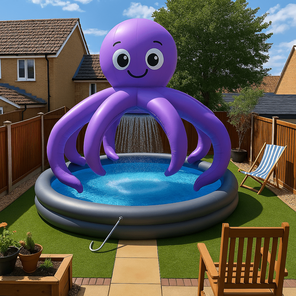  A purple inflatable octopus pool with tentacles and a central water spray in a sunny garden.