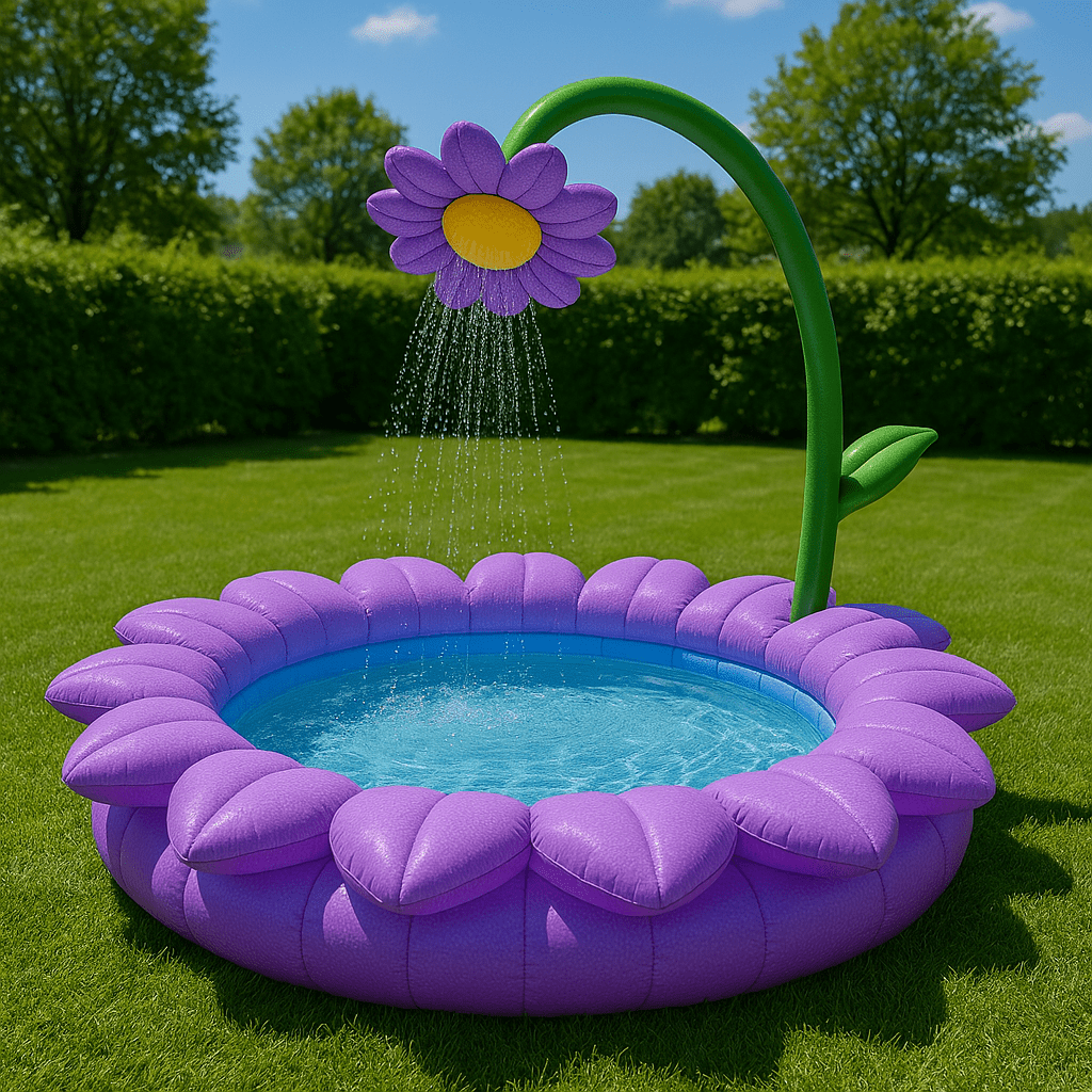 Purple flower inflatable pool with water sprinkler, set on a bright grassy garden