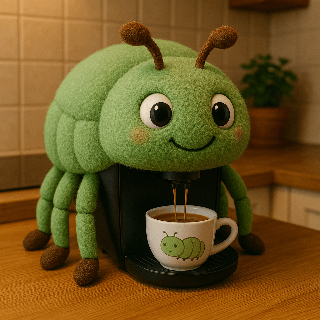  insect-inspired coffee machines: Adorable green caterpillar coffee maker serving coffee into a cup decorated with a smiling caterpillar.