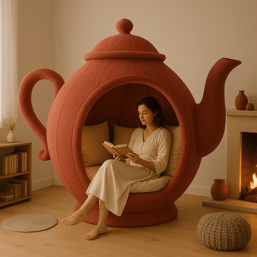 Deep terracotta teapot chair with a soft interior, designed for warmth and relaxation beside a cosy fire.