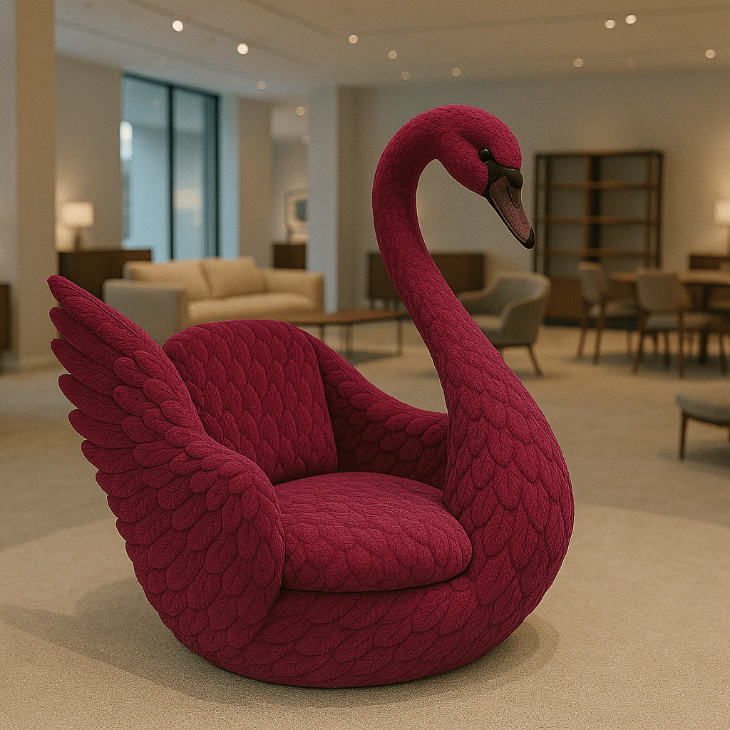 Vibrant red swan-shaped chair with bold upholstery and sculptural wings, displayed in a stylish open-plan room.