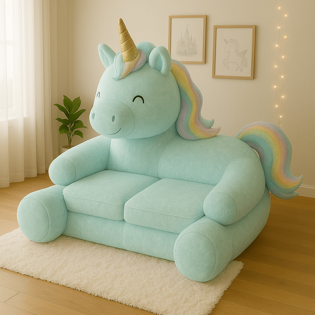 Aqua green unicorn-shaped sofa for kids with pastel rainbow details and fairytale wall art
