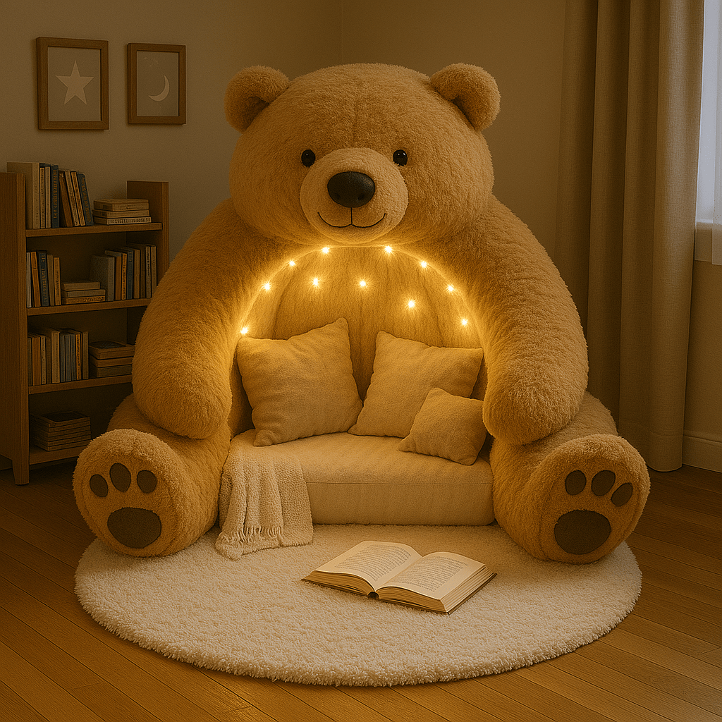 Oversized brown bear chair with glowing lights and books on the floor
