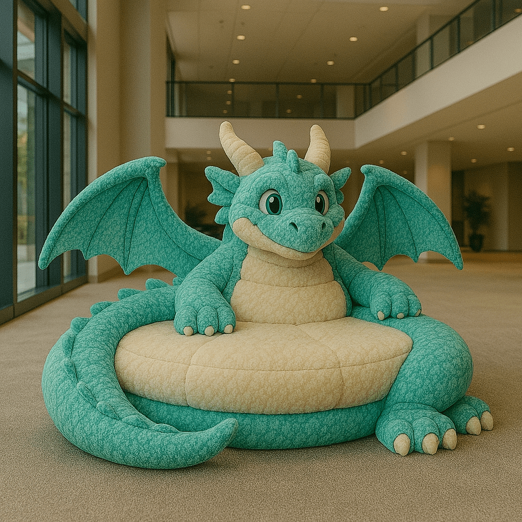  A charming aqua dragon bean bag chair featuring a friendly face, soft texture, and cosy circular cushion.