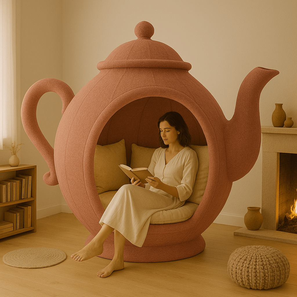 Blush pink teapot chair with cosy pillows and minimalist décor, creating a feminine and serene reading space.