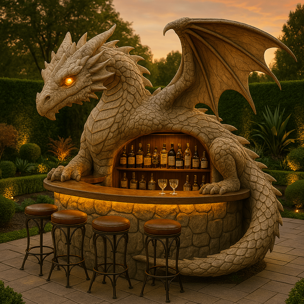 Beige dragon sculpture with glowing eyes wrapped around a whisky bar, set in a luxurious garden at dusk