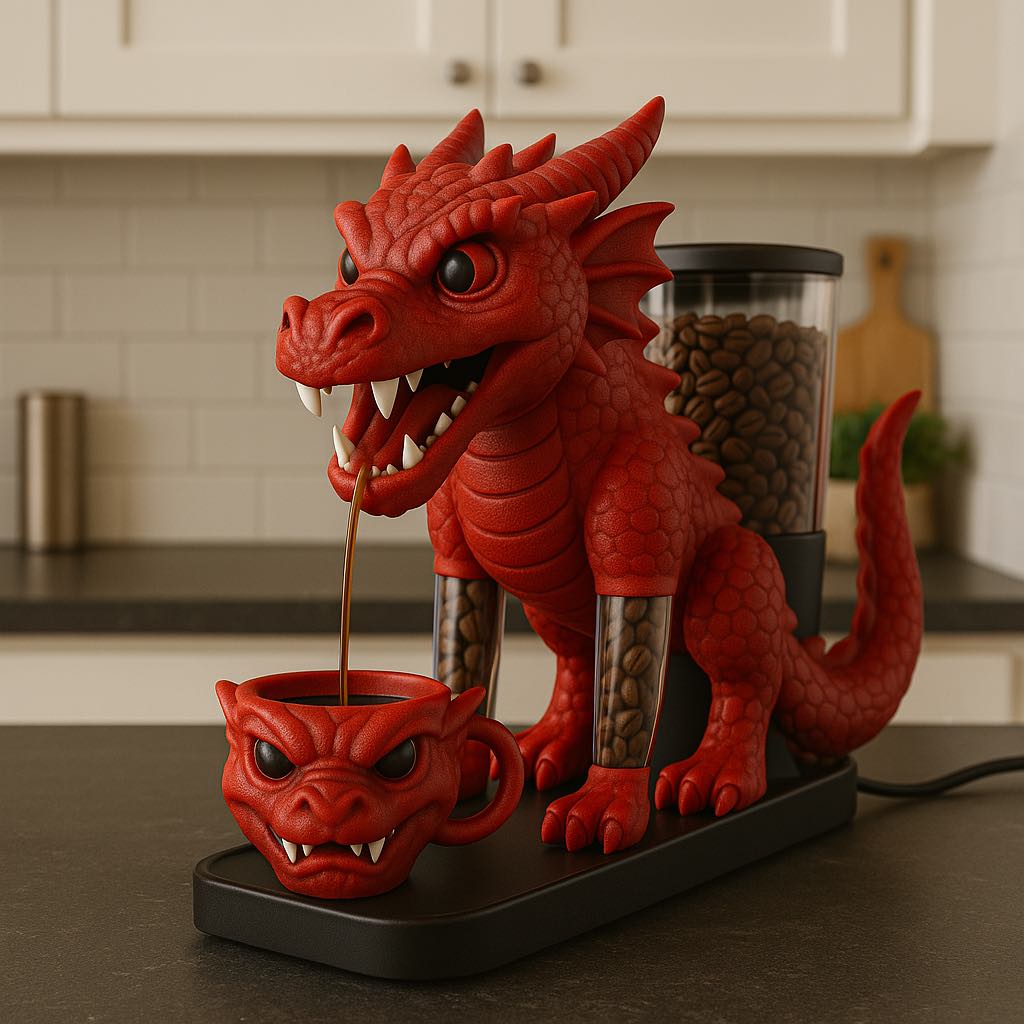 A vibrant red dragon-shaped coffee machine pouring coffee into a matching dragon-themed red mug on a kitchen counter.