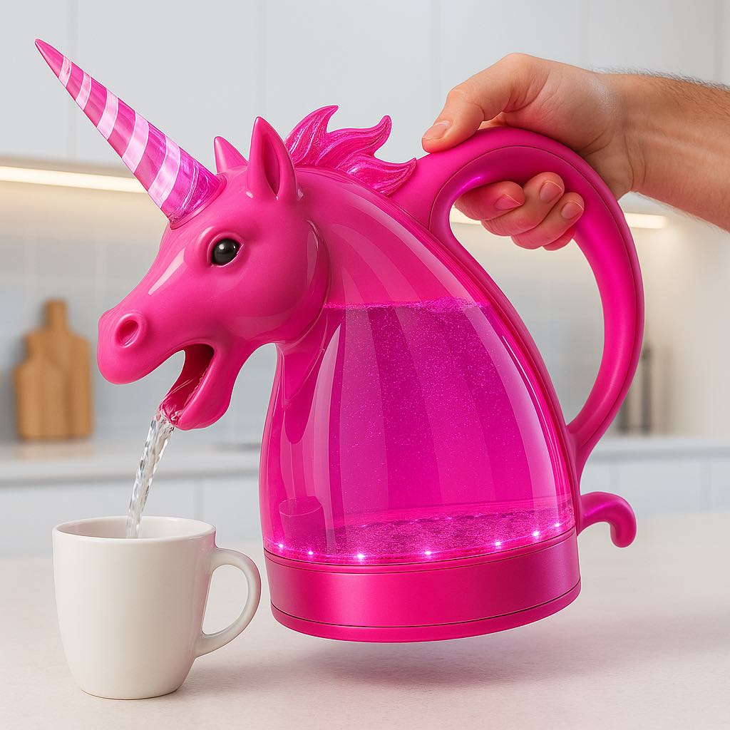 A pink unicorn-shaped kettle with striped horn and LED base, actively pouring hot water.