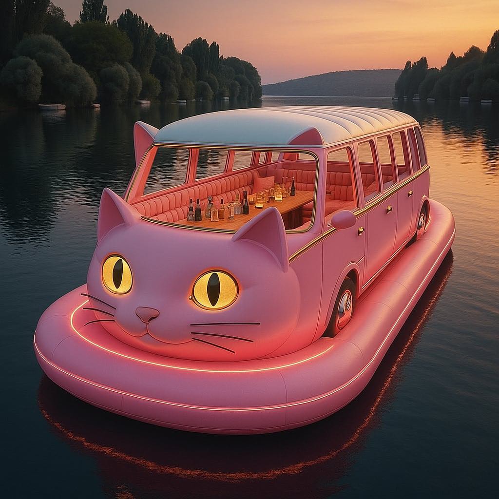 Vibrant pink cat-shaped floating bar with yellow glowing eyes and drinks setup during golden hour