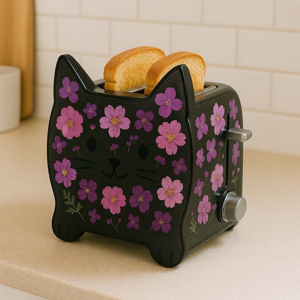 Black cat-shaped toaster decorated with vibrant purple flowers, with toast popping out
