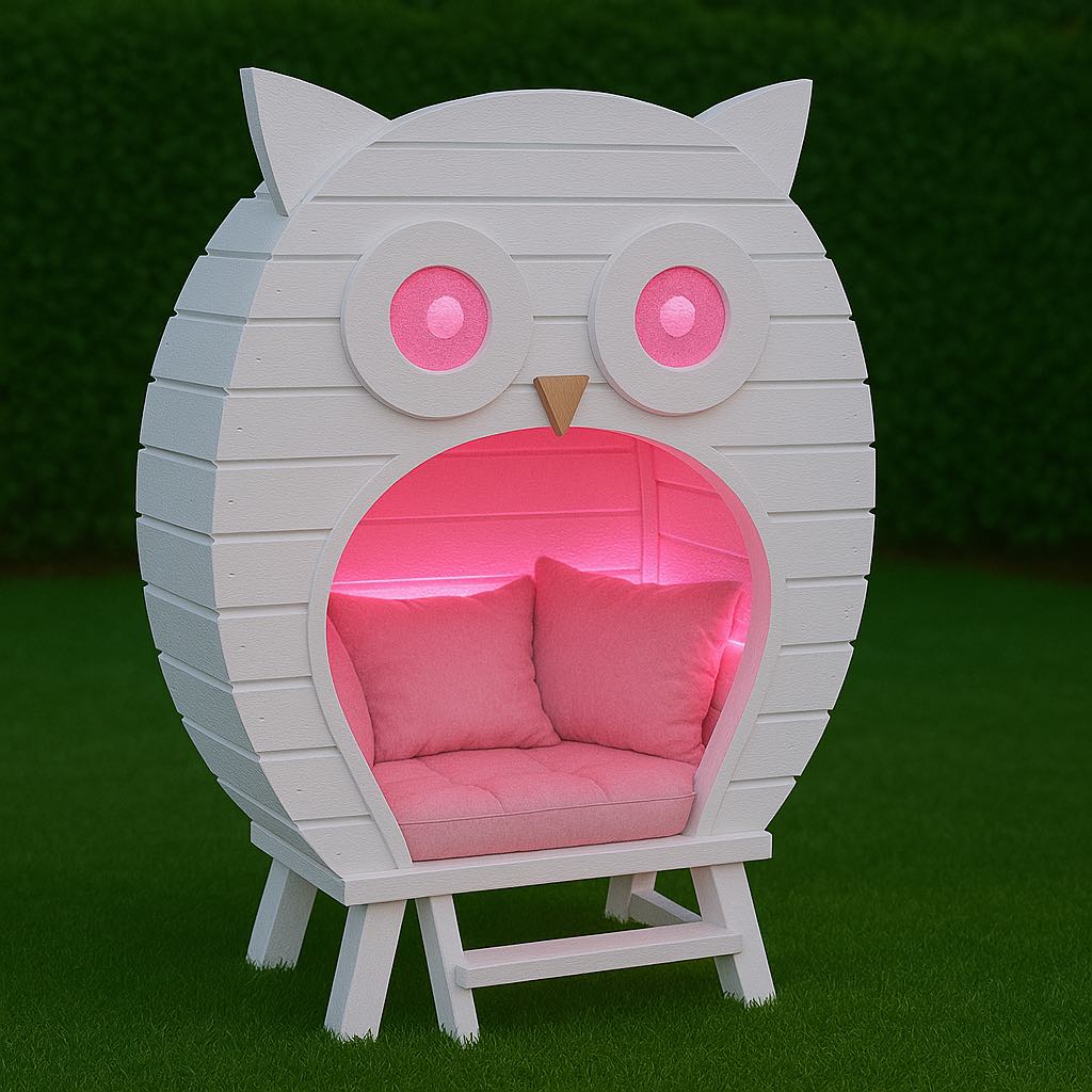 Owl-themed white garden lounger with glowing pink eyes and matching pink cushions on lawn