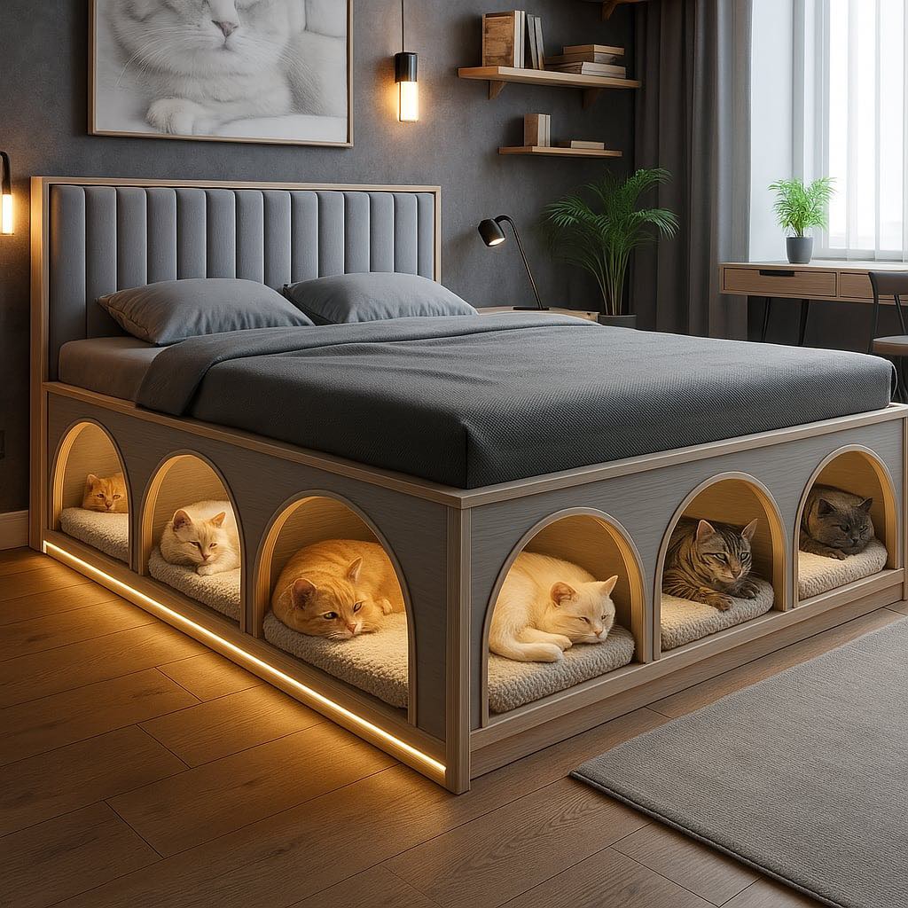  Contemporary grey bed with warm lighting and cat pods built into the lower frame for multiple pets.