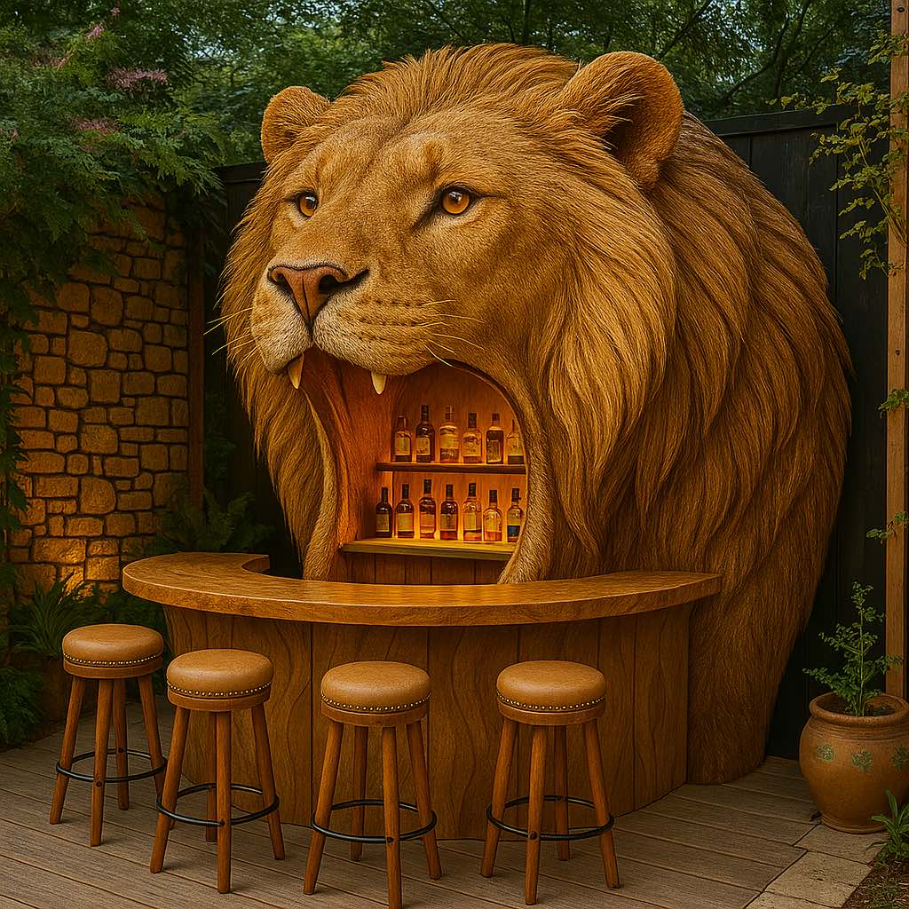 Wooden outdoor bar designed as a lion's head with an open mouth stocked with spirits and bar stools.