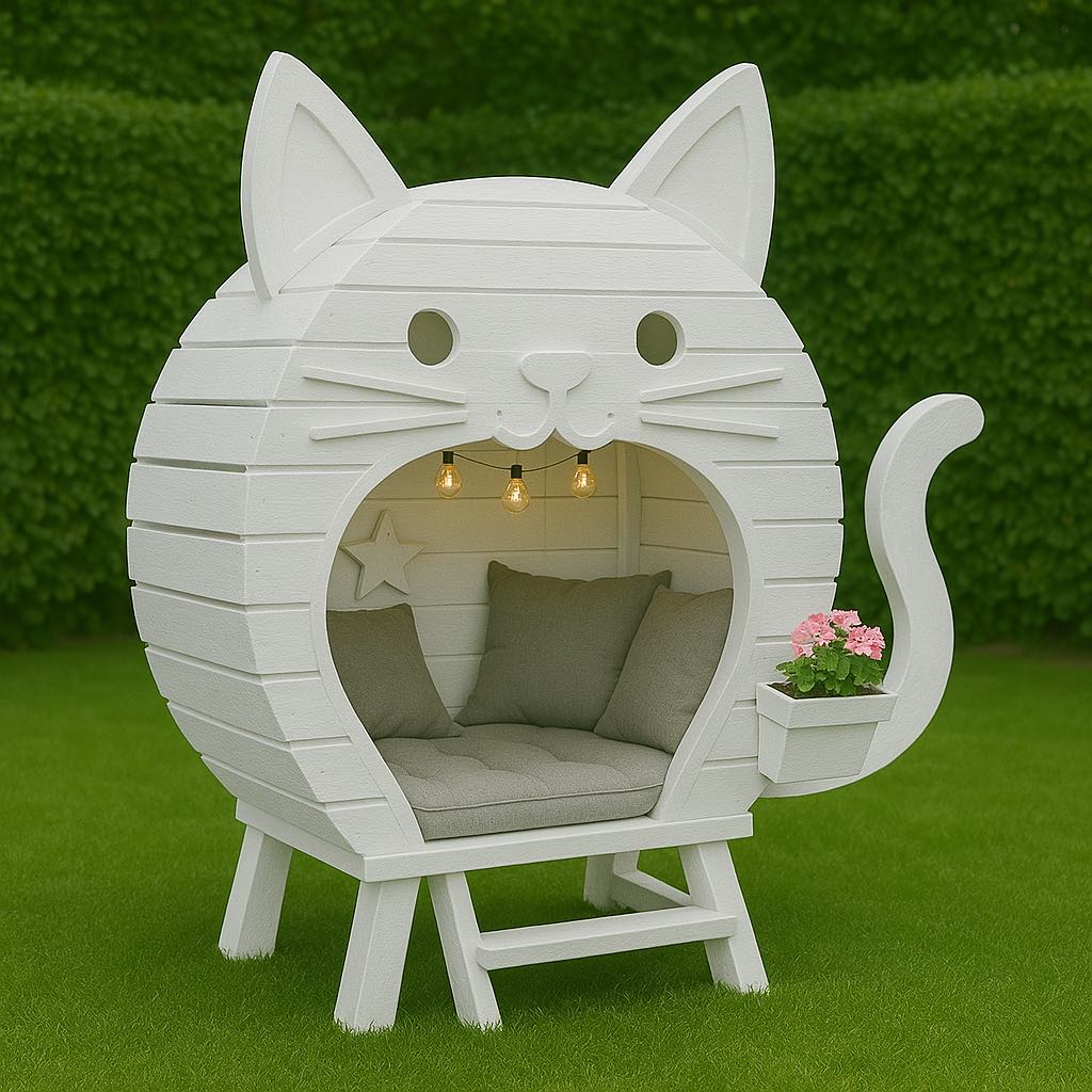 White garden pod shaped like a cat with grey interior cushions, hanging lights, and a flower planter.