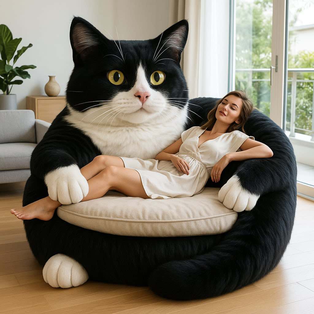  Large black and white tuxedo cat-shaped sofa with a woman resting on it