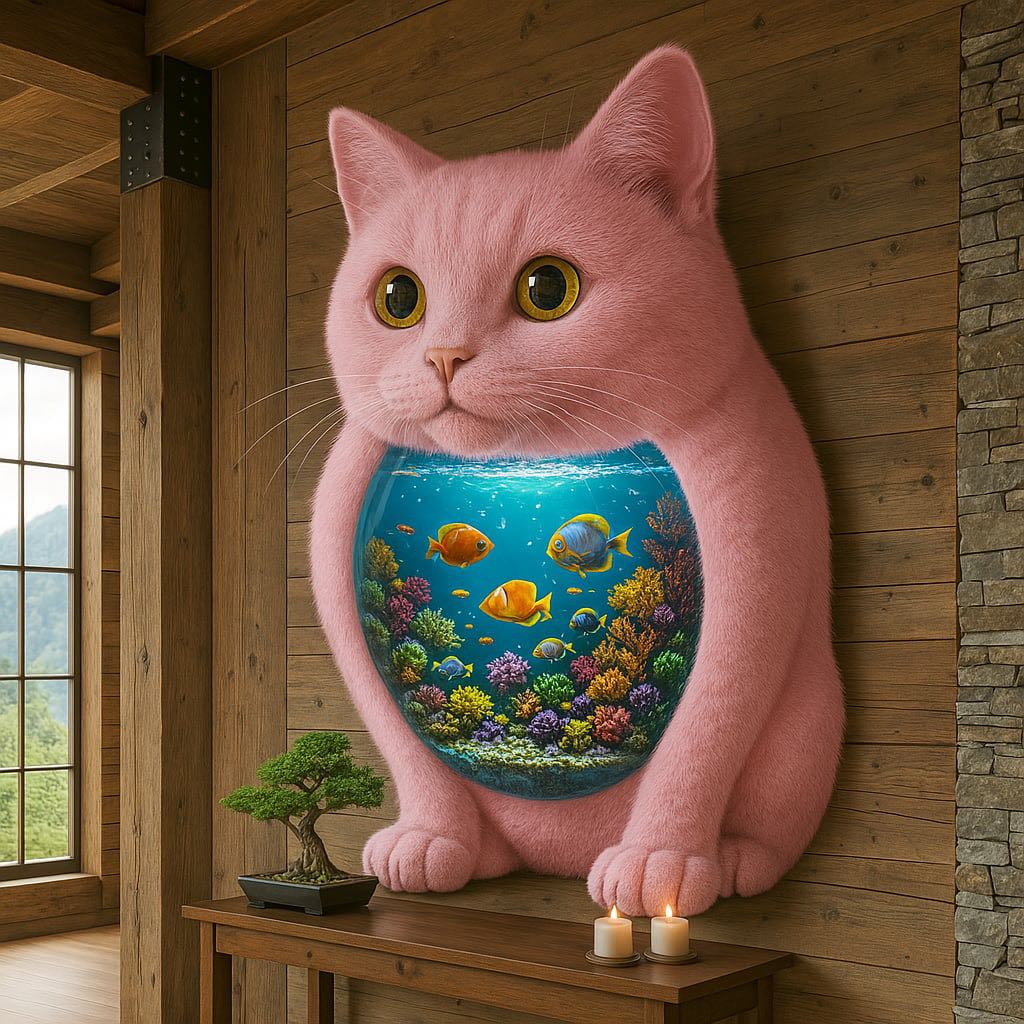 Wall-mounted pink cat sculpture with a glowing tropical fish tank in its belly