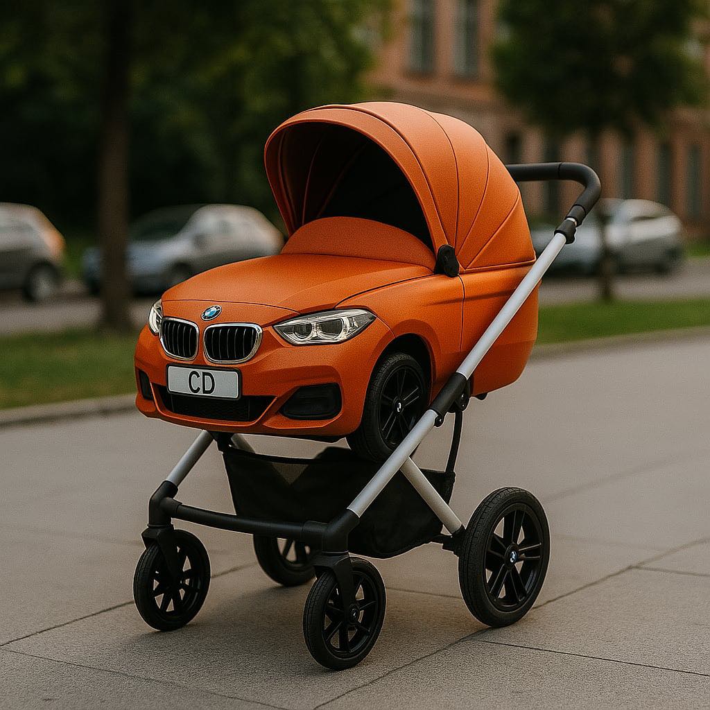 Luxury orange BMW-style baby stroller parked on pavement