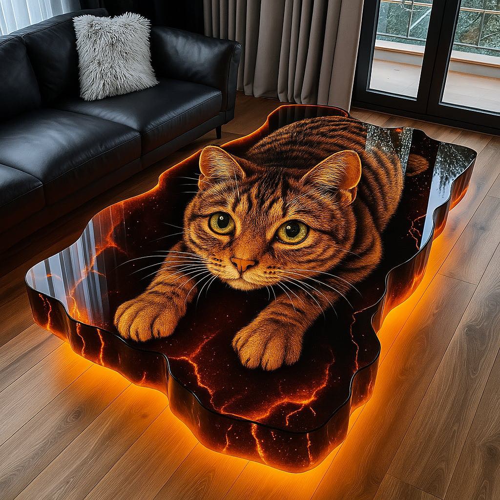 Warm amber-orange LED table in the shape of a lifelike cat, creating a bold focal point in the lounge.