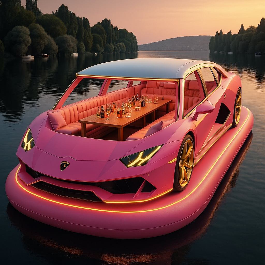 Pink Lamborghini-inspired boat lounge with orange lights and an elaborate drink bar at sunset