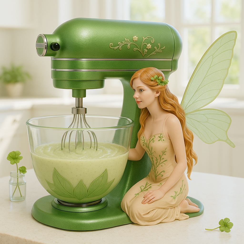 Green fairy stand mixer with a nature-inspired fairy beside a bowl of green cake mixture