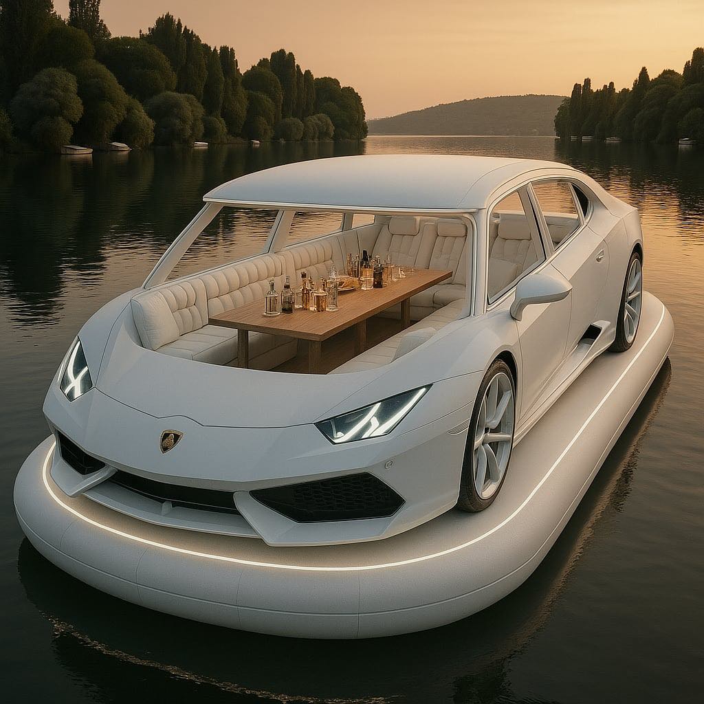 White luxury car-shaped floating lounge with soft white LED lighting and minimalist interior