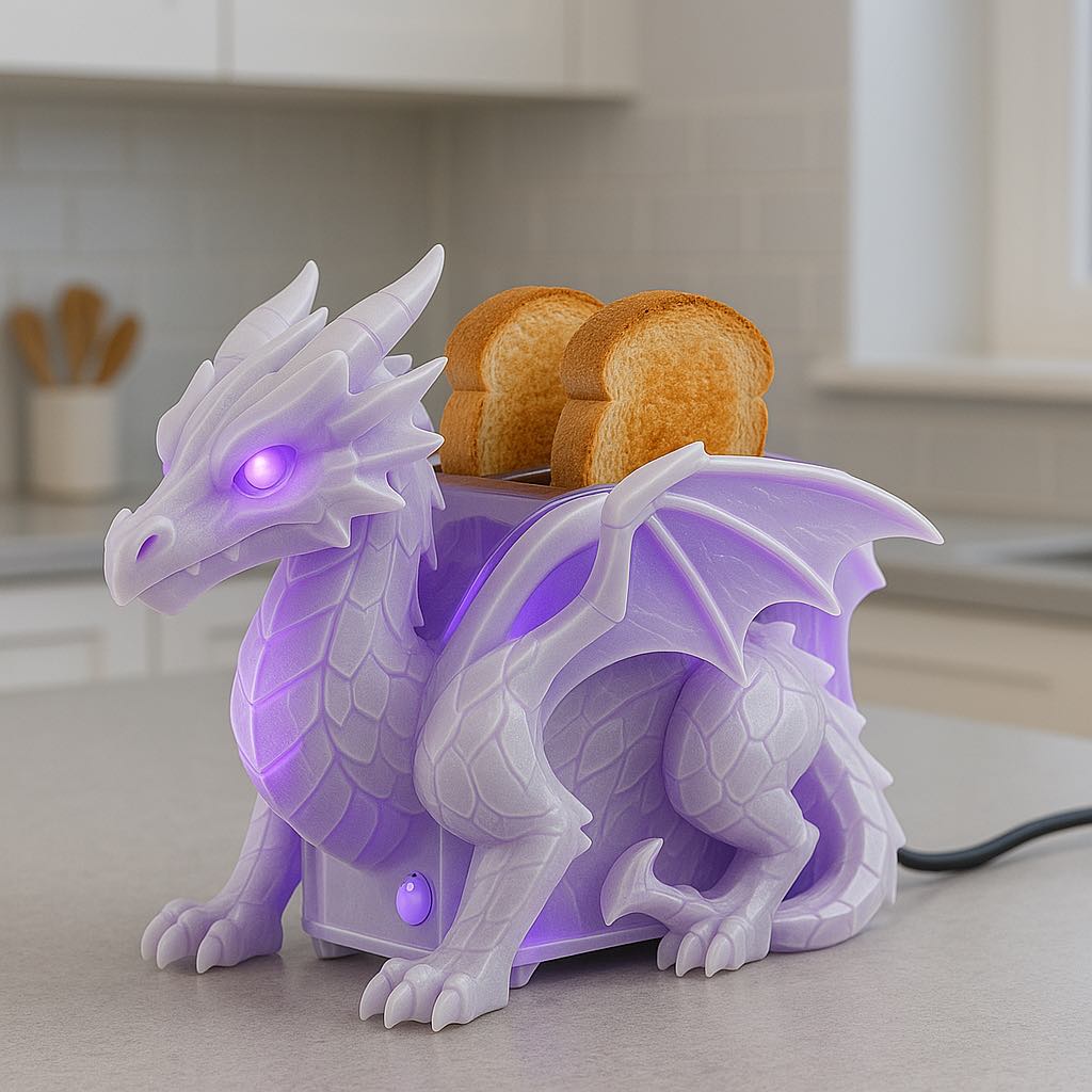  A purple dragon toaster glowing with soft violet LED light, toasting bread in a clean kitchen.