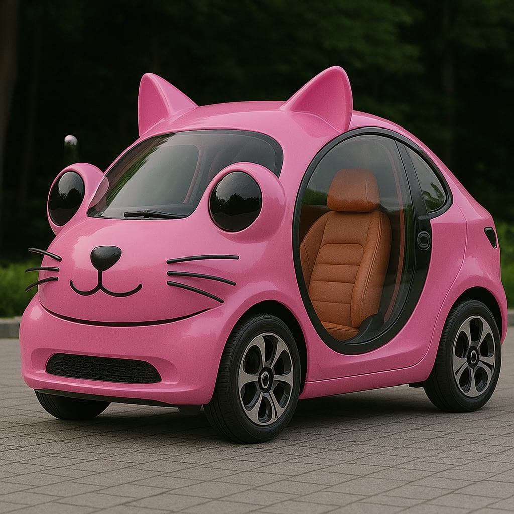 A vibrant pink compact vehicle styled as a cat, complete with pointy ears and an oversized smile