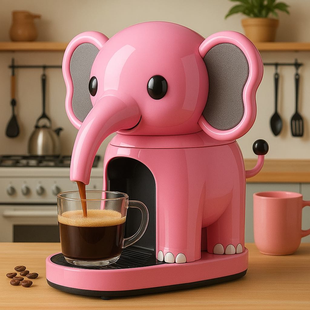 A pink elephant-shaped coffee machine making a fresh cup of coffee, ideal for playful or pastel kitchens.