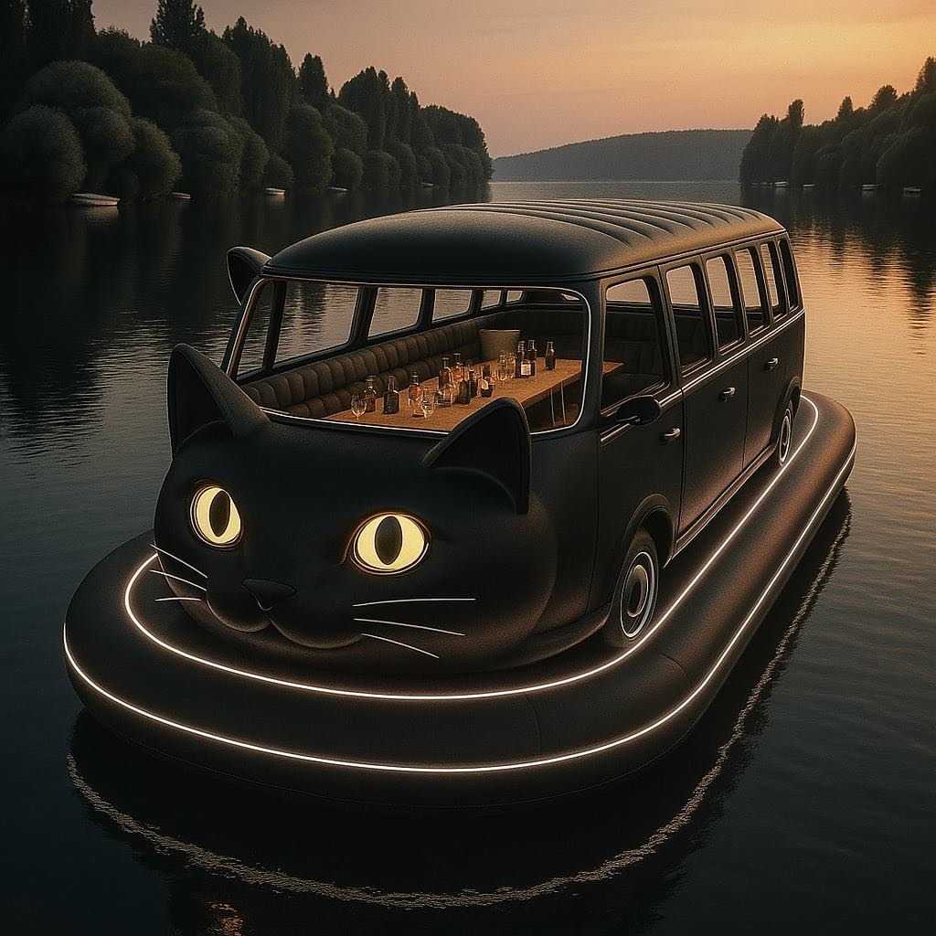 Elegant black cat-themed boat with glowing white lights and lounge-style seating at dusk