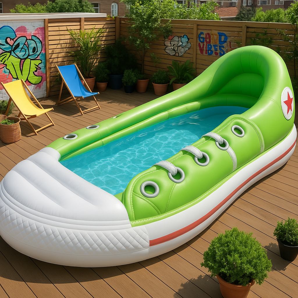 Inflatable green trainer-shaped pool with realistic details on a wooden patio surrounded by lush greenery.