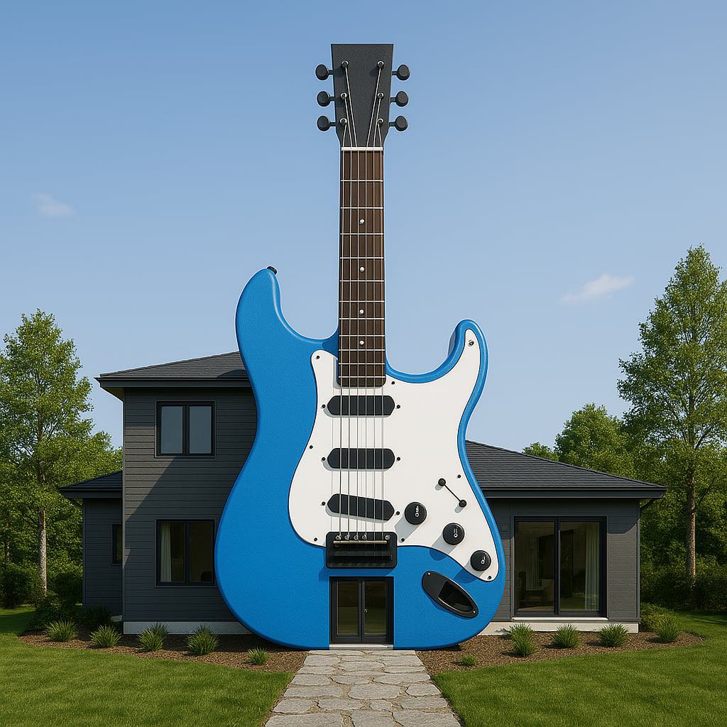 Bold blue house shaped like an electric guitar with modern architecture and detailed guitar features