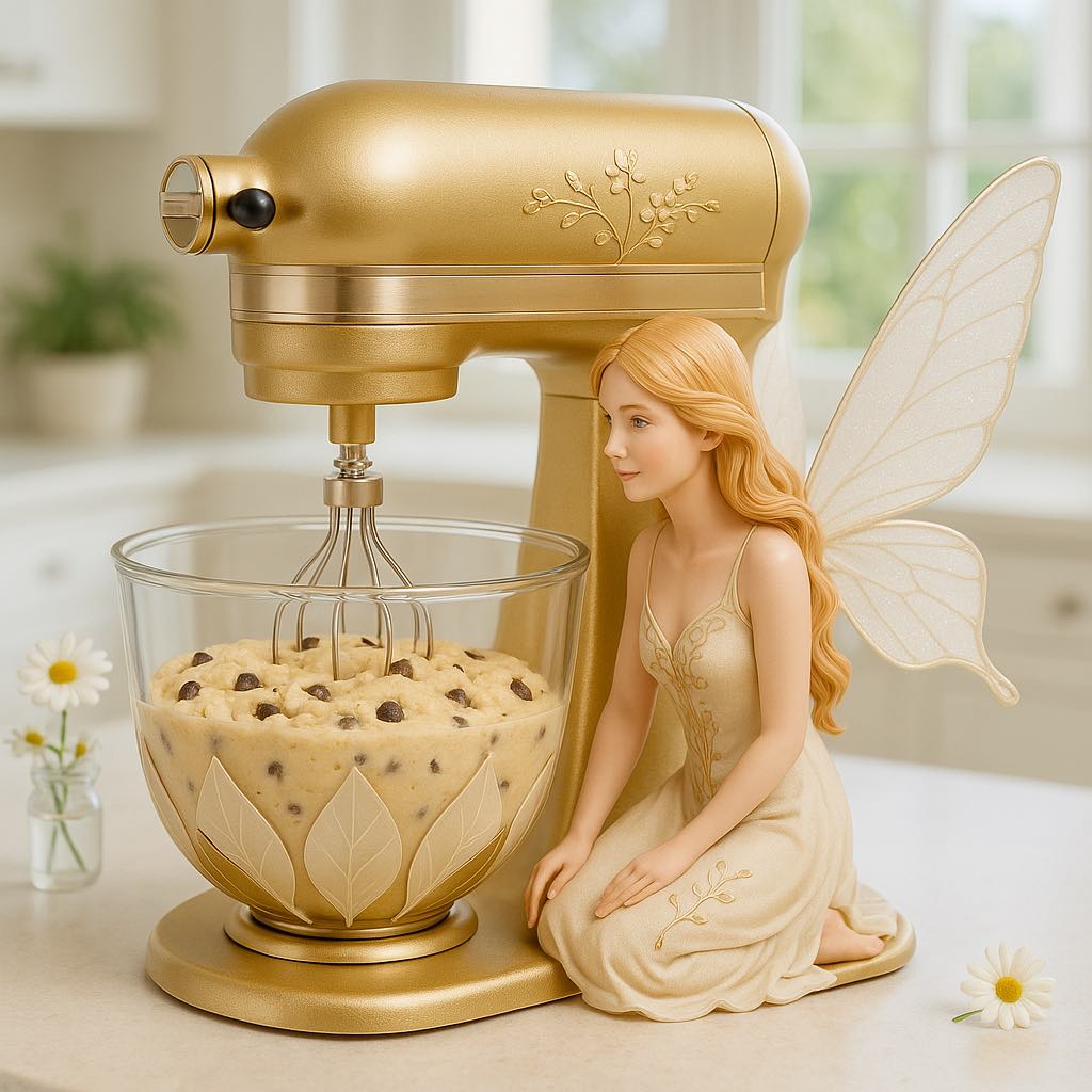 Gold fairy-themed mixer featuring a glittery fairy next to a bowl of chocolate chip cookie dough