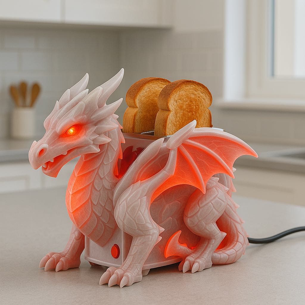 A red dragon toaster with fiery LED lighting, sitting on a counter with toast popping out.