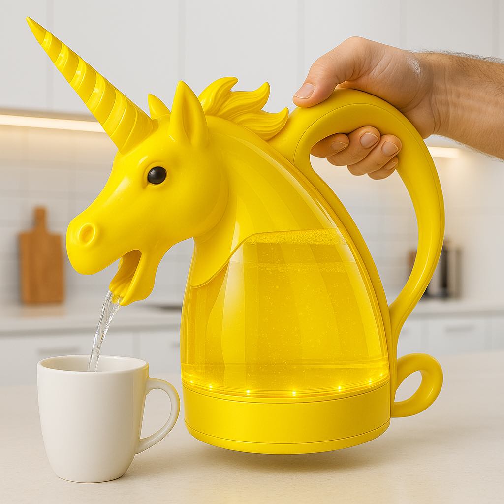 A yellow unicorn electric kettle pouring water into a cup, with warm LED lighting.