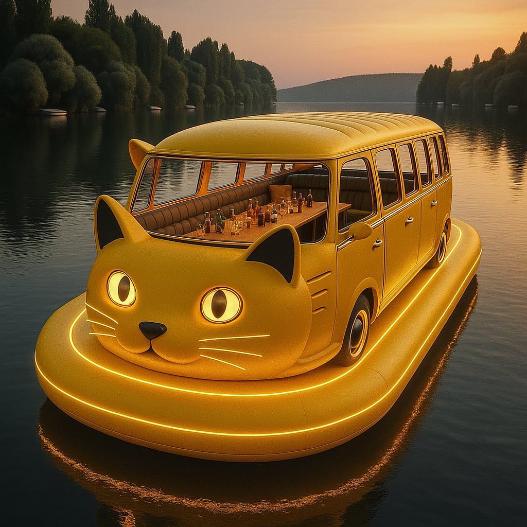 Bright yellow cat-shaped party boat with glowing whiskers and stocked drinks table on lake