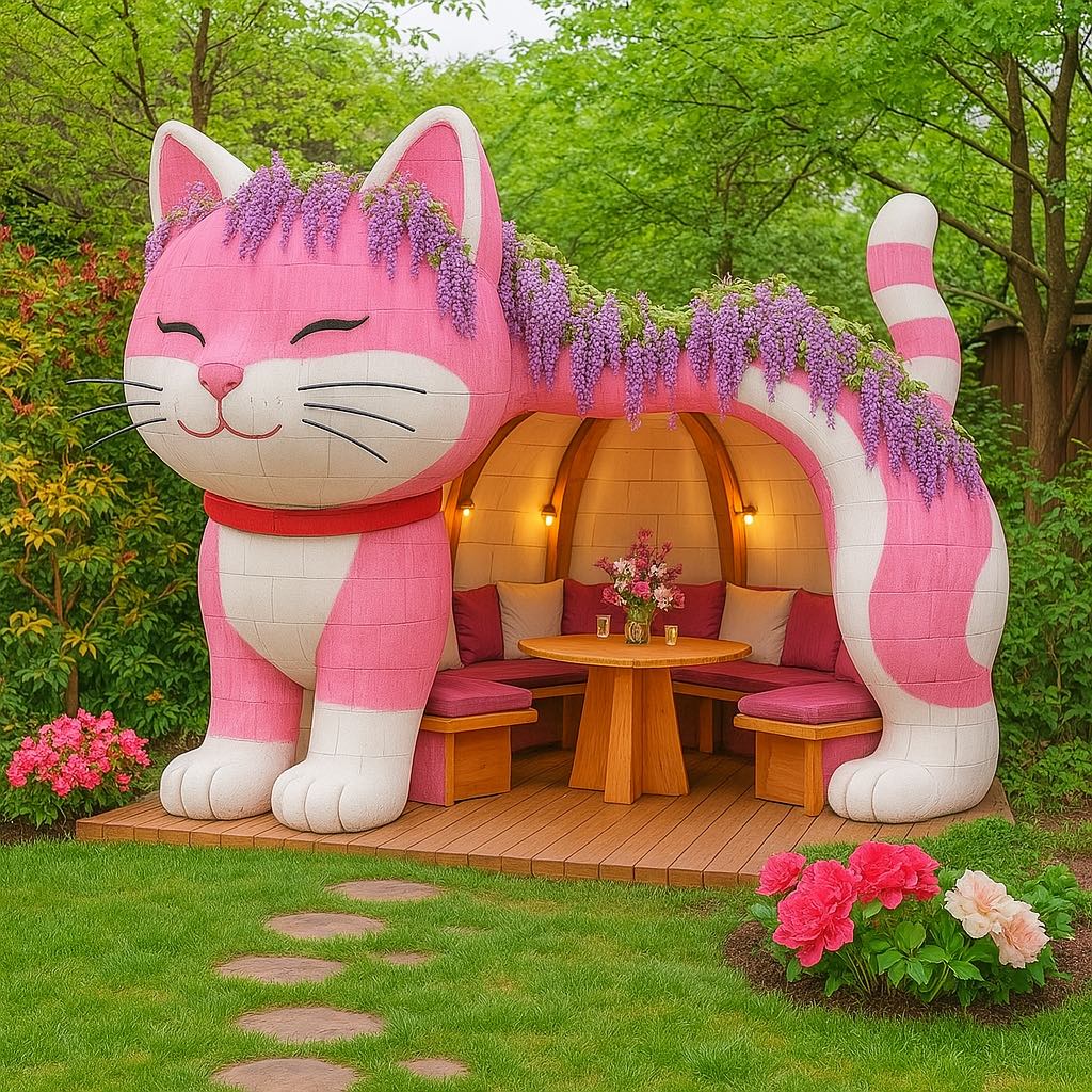  Pink cat-shaped garden seating pod surrounded by greenery and vibrant flowers