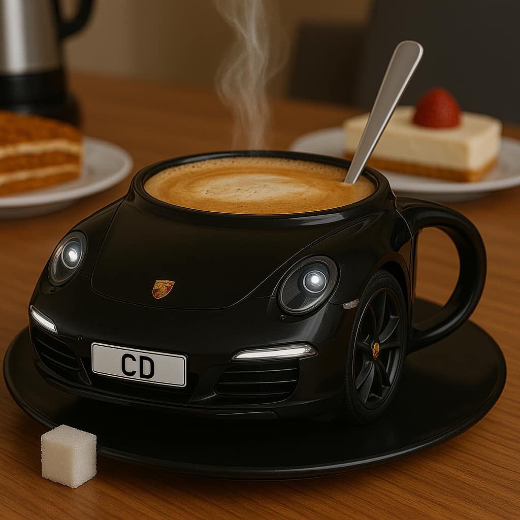 A black Porsche-style coffee mug filled with cappuccino, resting on a saucer with a sugar cube nearby.