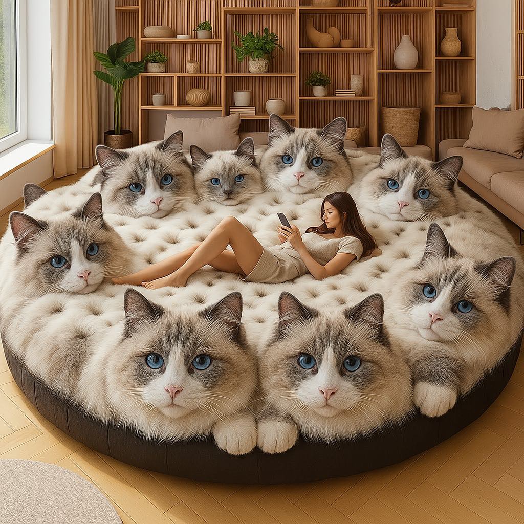 Oversized tufted sofa shaped like ragdoll cats with a woman relaxing on it in a modern living room.