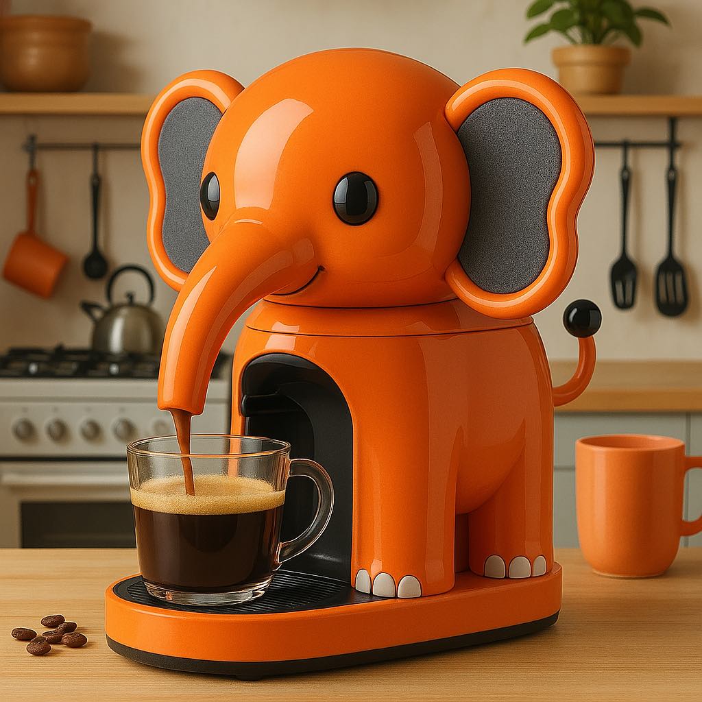 A bright orange elephant coffee machine pouring espresso into a cup with a matching orange mug in the background.