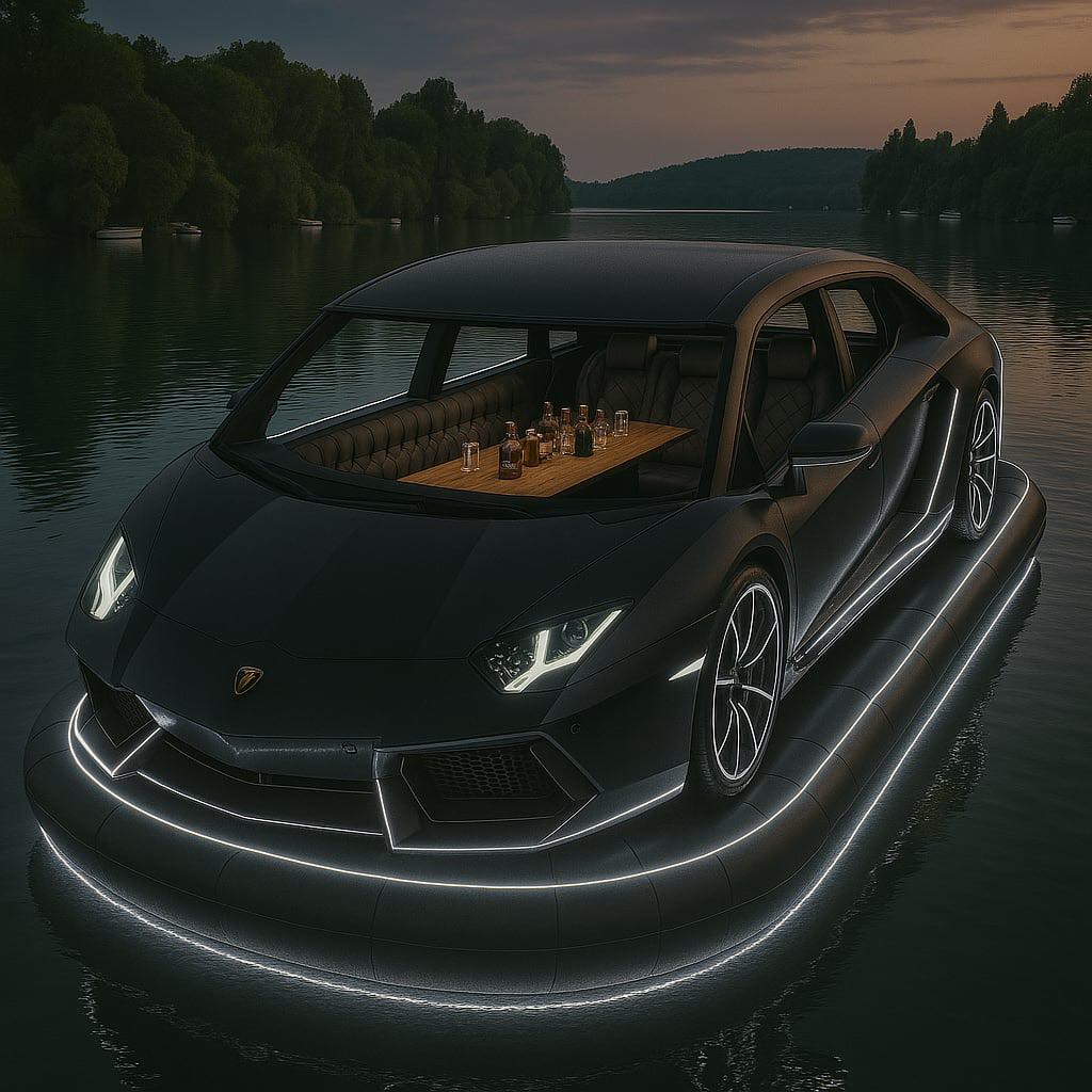 Matte black Lamborghini-style floating lounge with glowing white lights and moody evening atmosphere