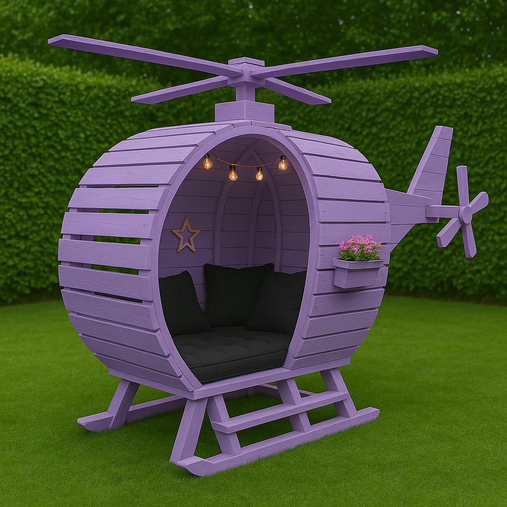 Purple wooden helicopter garden pod with black interior cushions and hanging lights