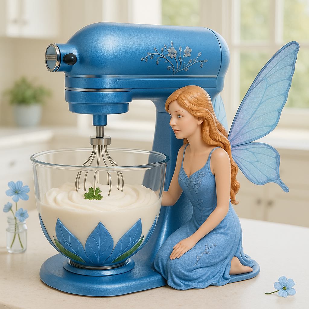 Blue fairy kitchen mixer with a winged fairy figure watching over a bowl of fluffy cream