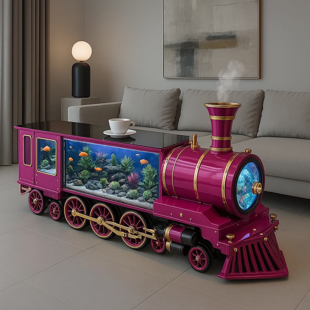 Maroon and gold train coffee table with a built-in aquarium in a stylish lounge.