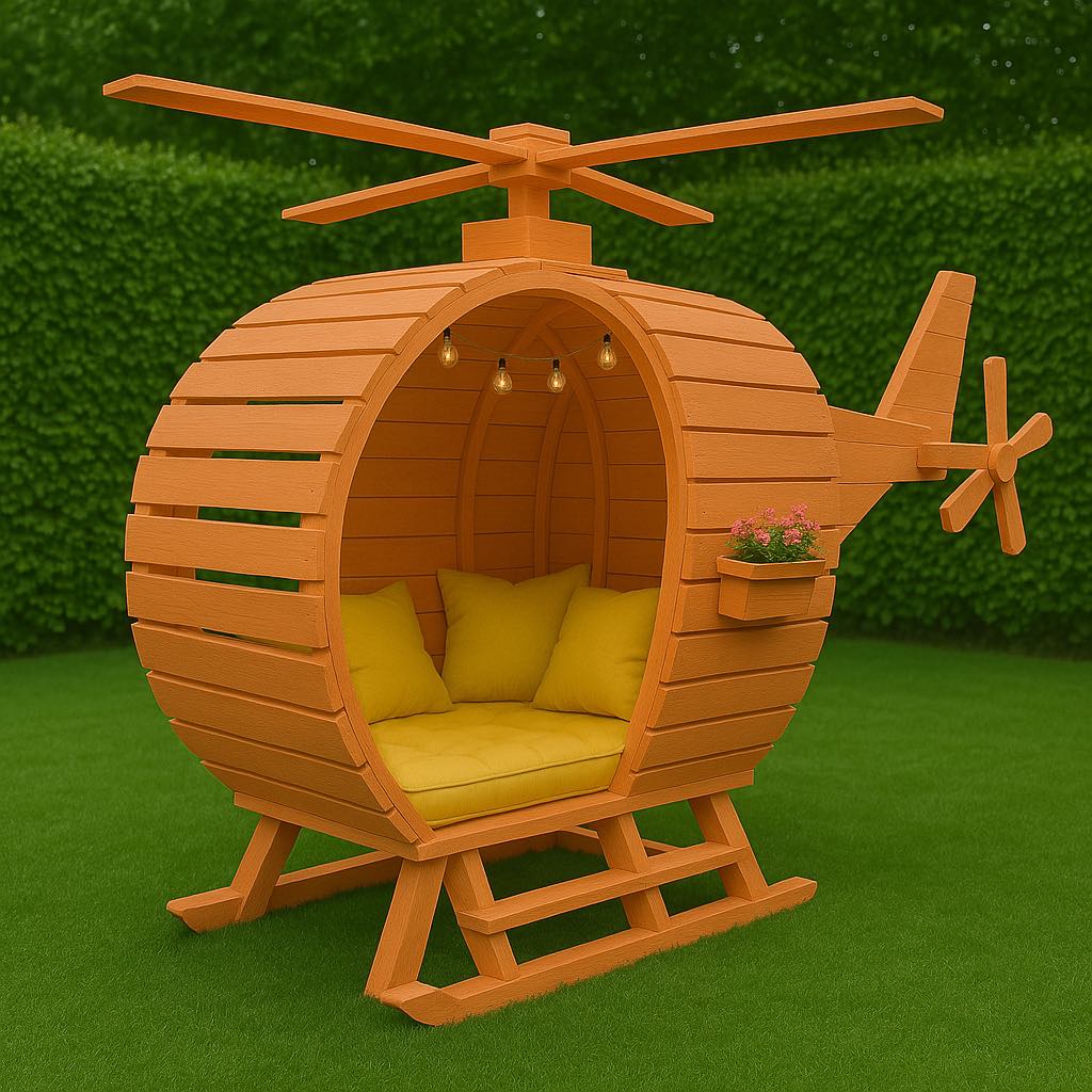 Orange wooden helicopter-shaped garden pod with yellow cushions and fairy lights