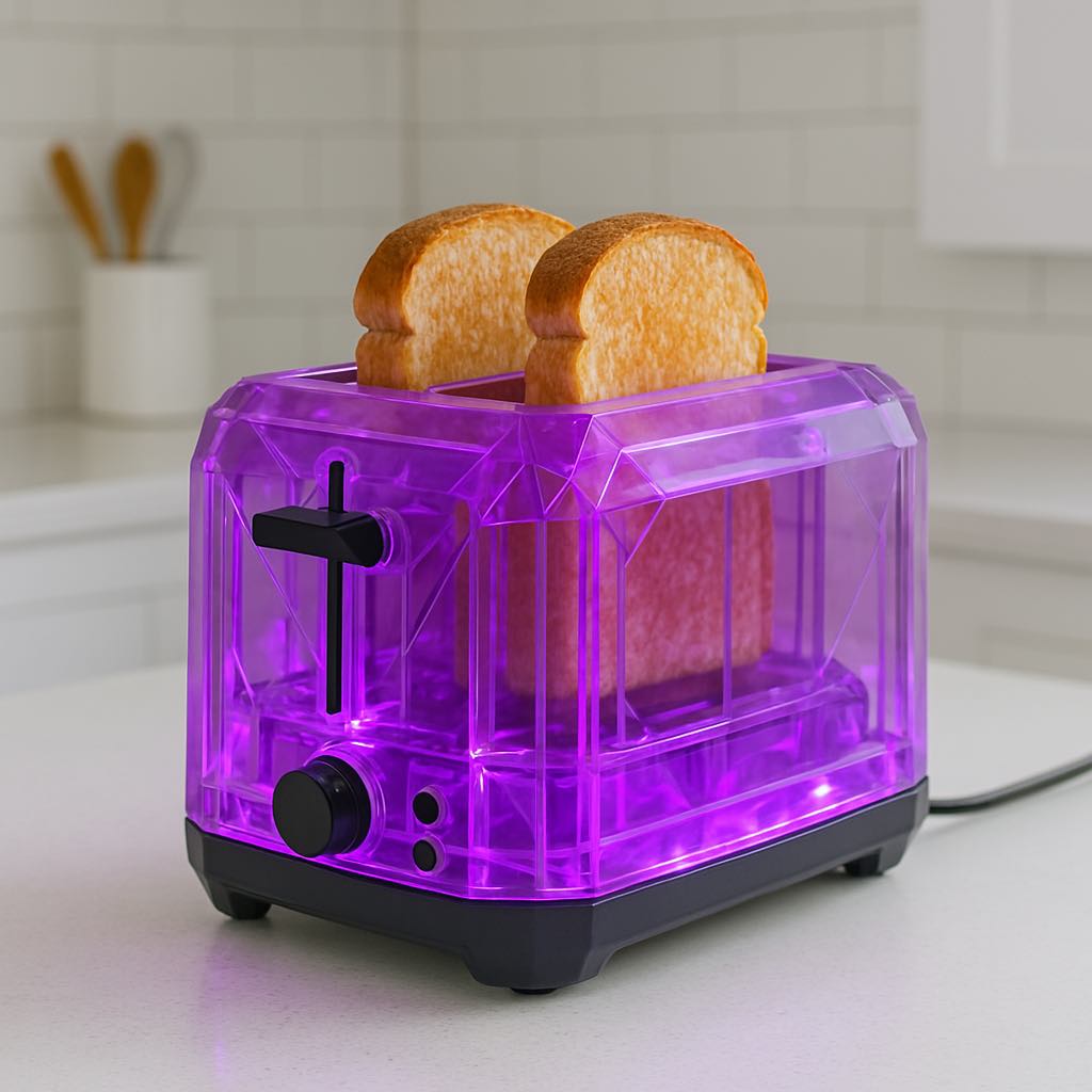 A stylish purple transparent toaster toasting bread on a white kitchen counter.