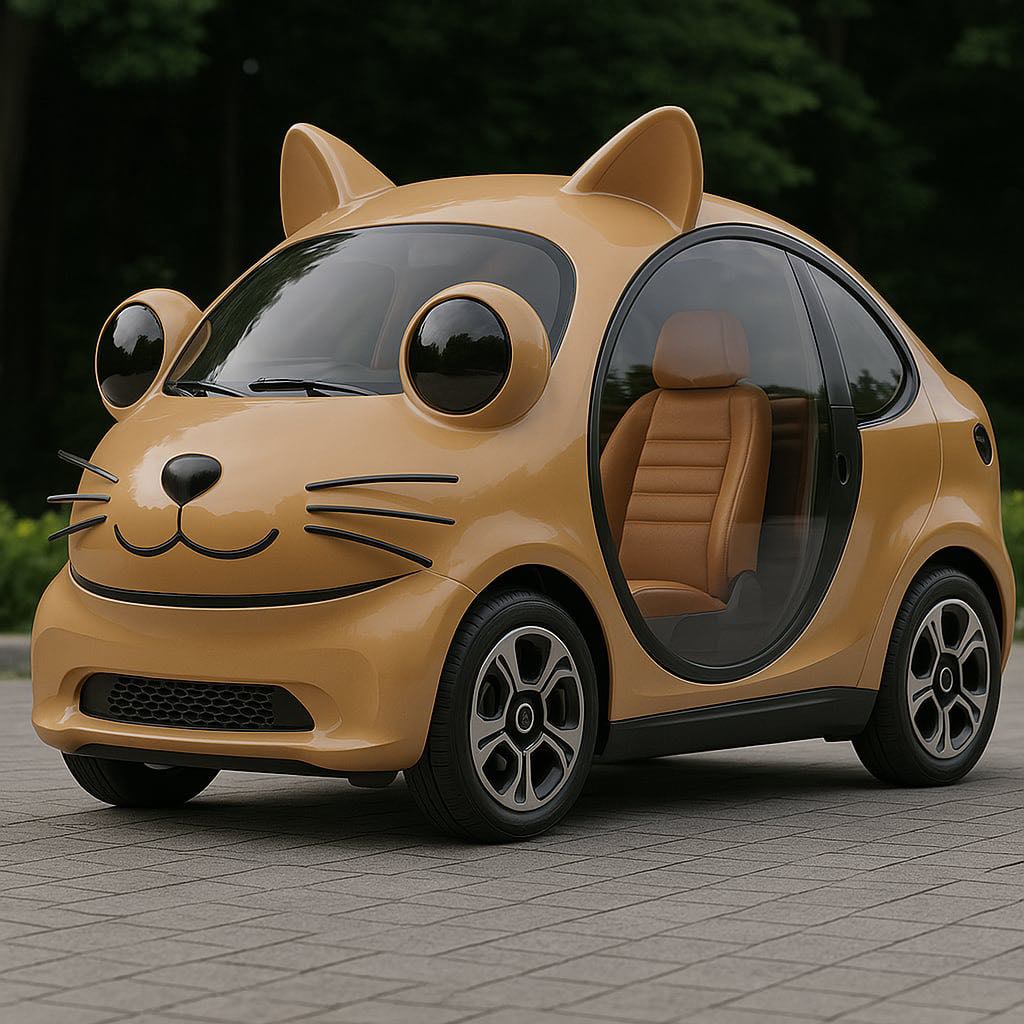 A warm brown car shaped like a cat with cartoonish facial features and smooth curves