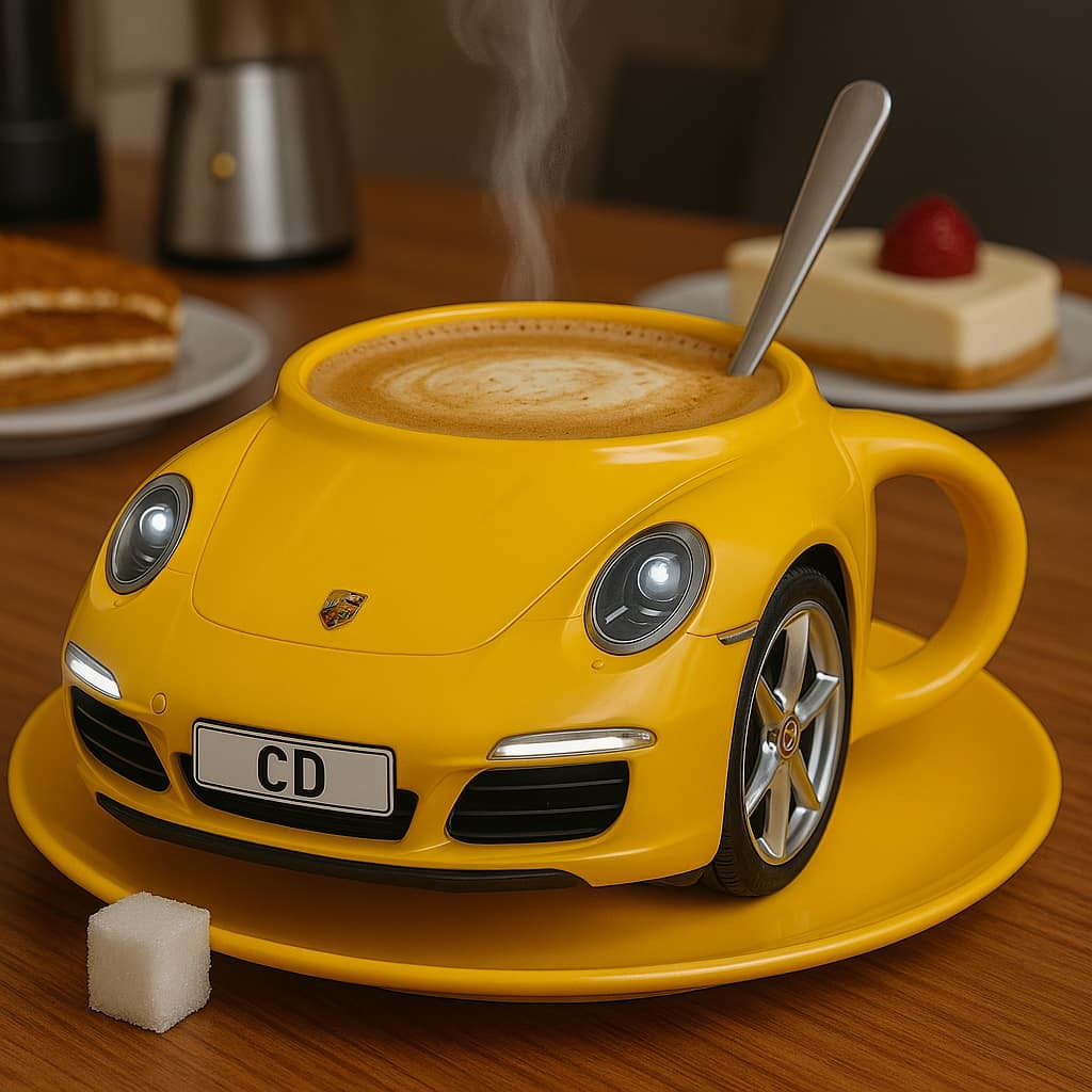 A vibrant yellow car-shaped mug filled with steaming coffee, served on a matching yellow saucer.
