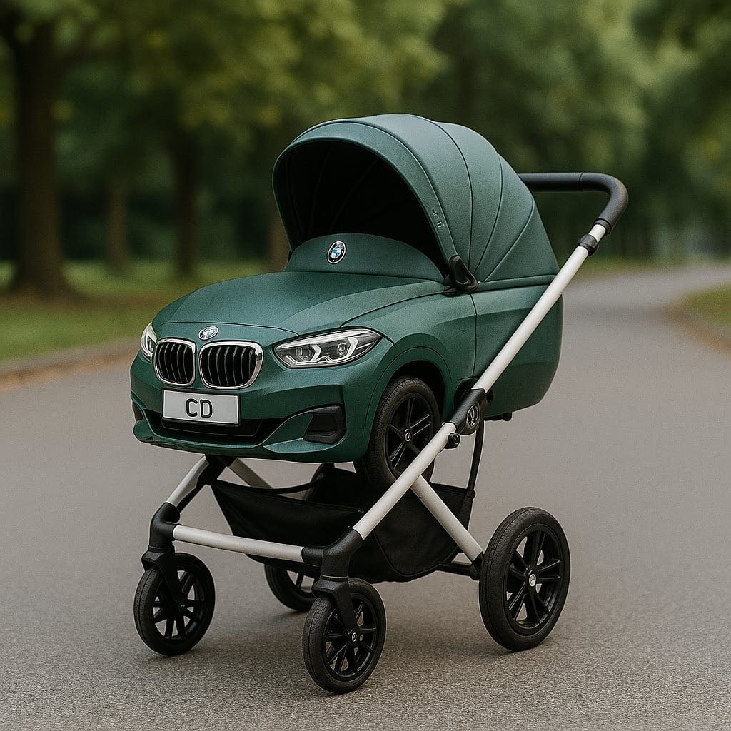 Stylish green BMW-themed baby pram in park setting