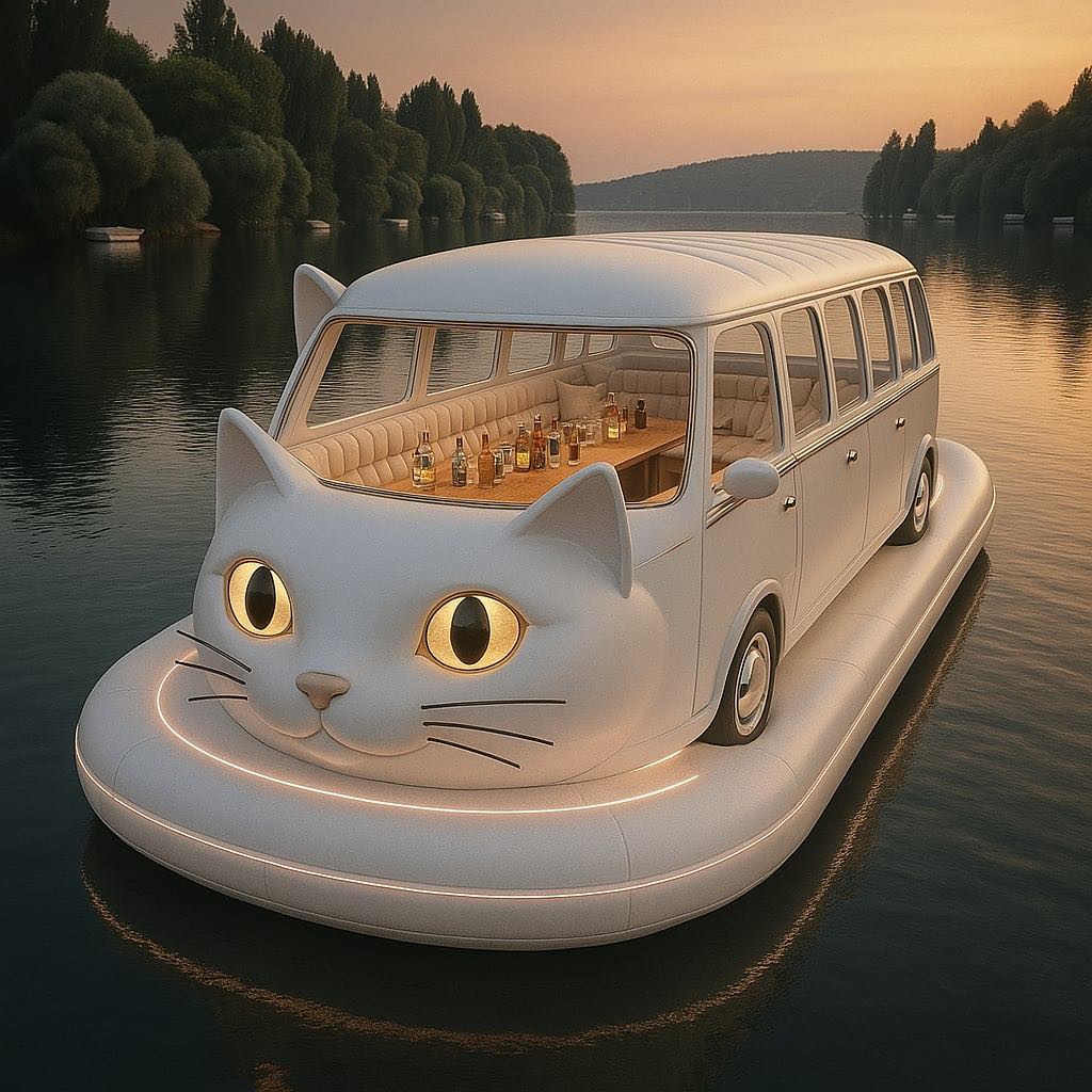 Luxurious white cat-shaped boat with glowing eyes and drinks table floating on a calm lake at sunset